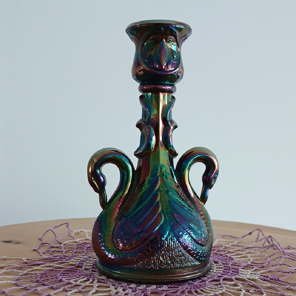 Fenton Swan Iridescent Amethyst Carnival  Glass Candle Holder 6.5"